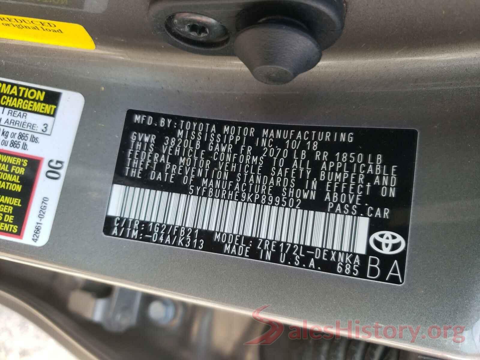 5YFBURHE9KP899502 2019 TOYOTA COROLLA