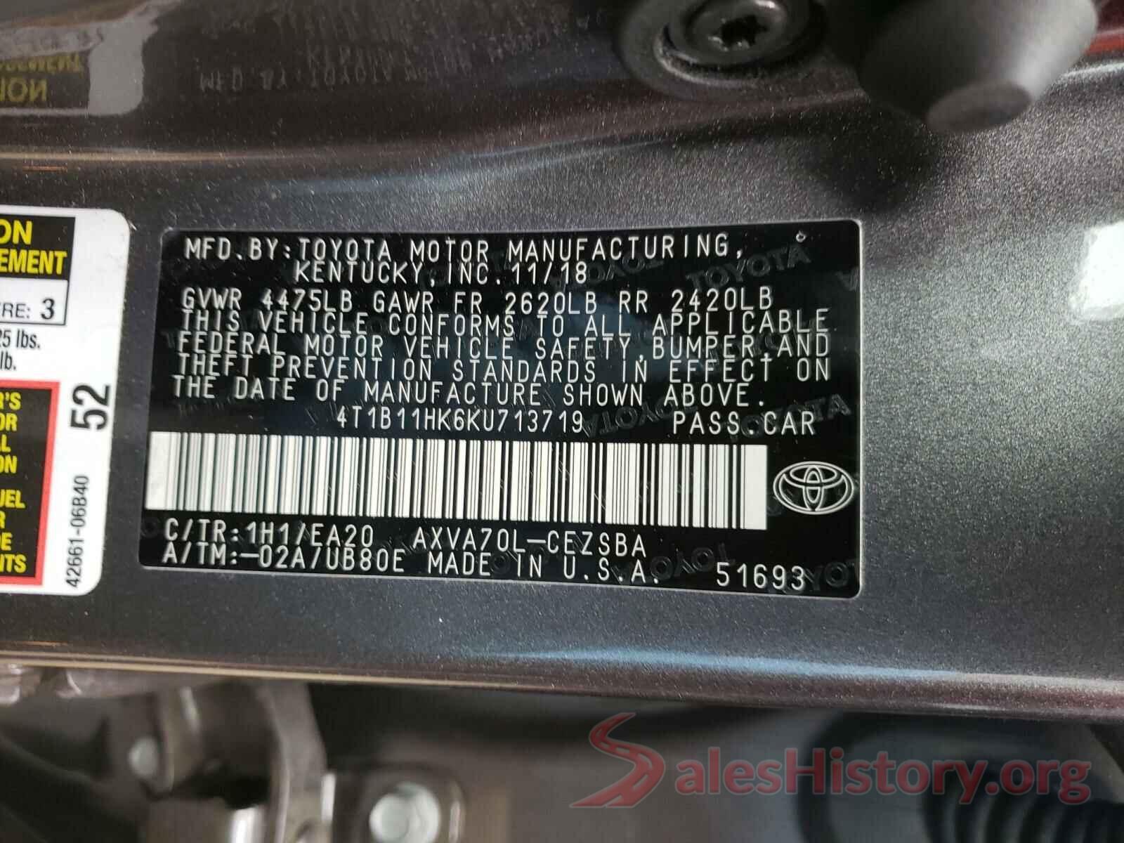 4T1B11HK6KU713719 2019 TOYOTA CAMRY