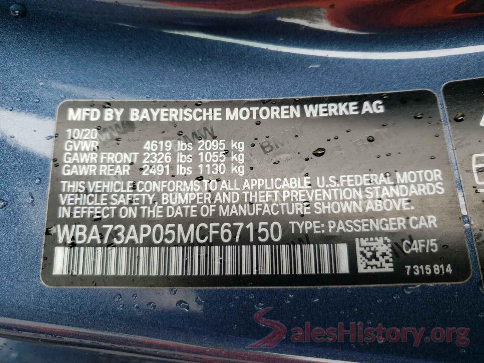 WBA73AP05MCF67150 2021 BMW 4 SERIES