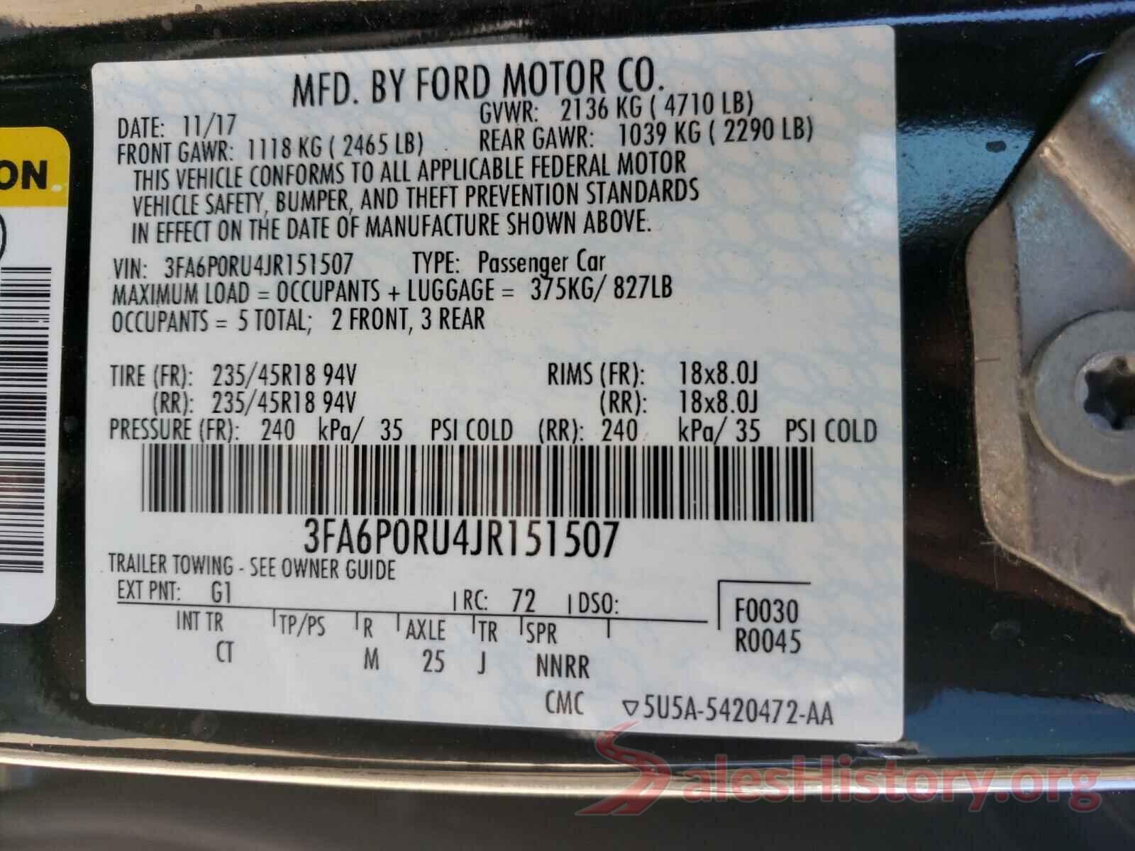 3FA6P0RU4JR151507 2018 FORD FUSION