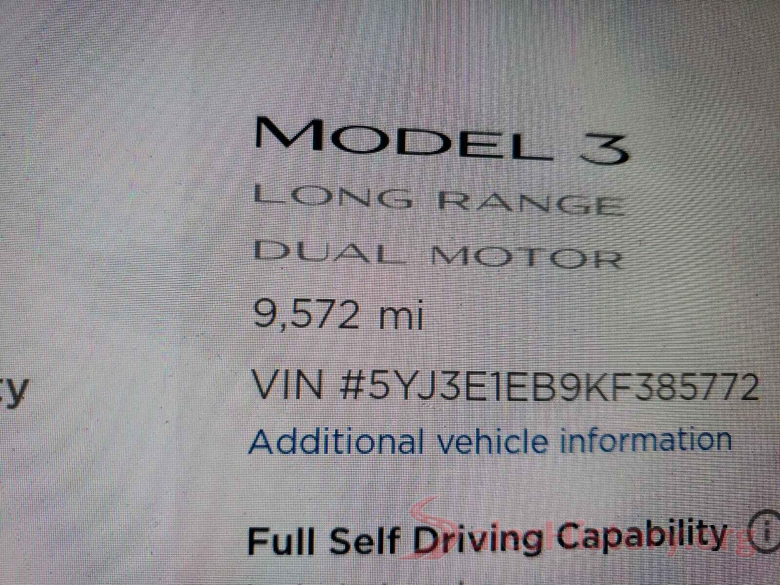 5YJ3E1EB9KF385772 2019 TESLA MODEL 3