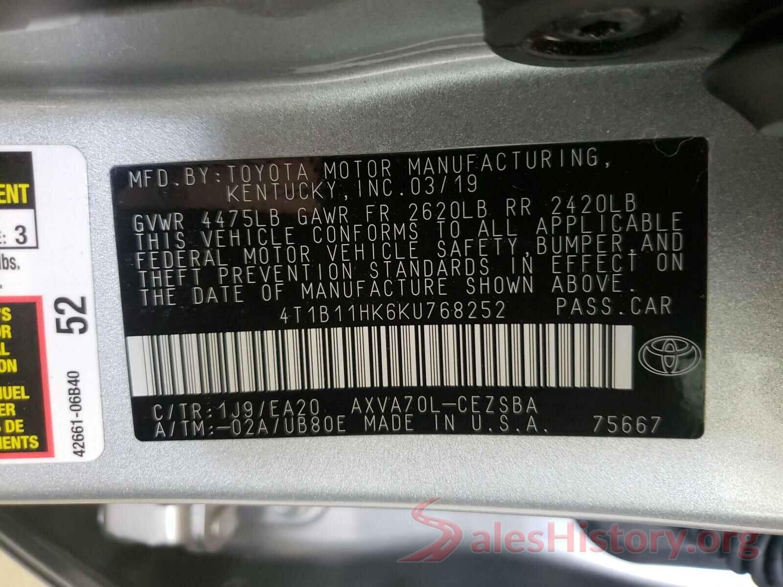 4T1B11HK6KU768252 2019 TOYOTA CAMRY