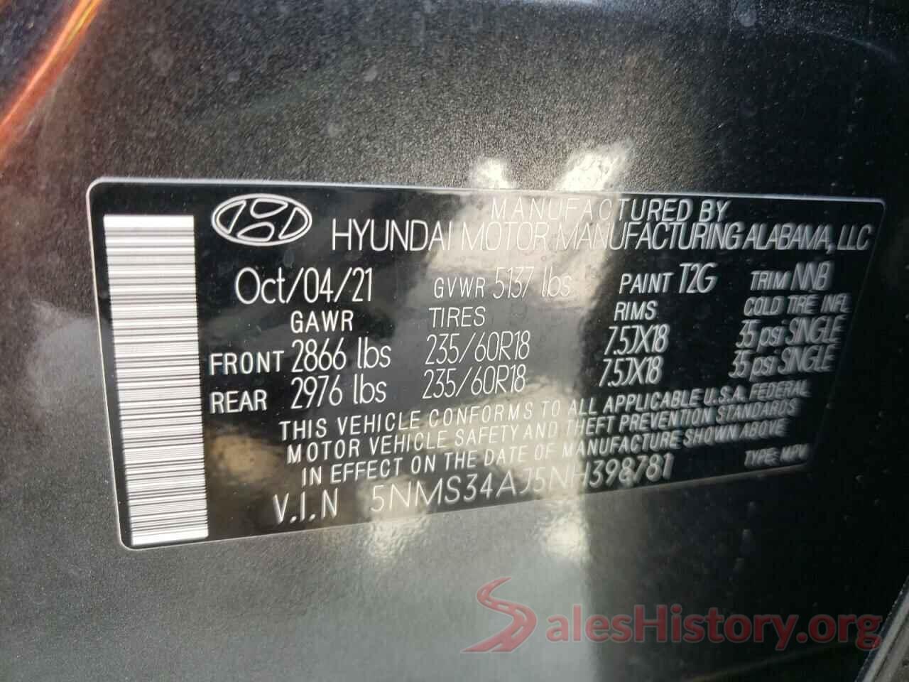 5NMS34AJ5NH398781 2022 HYUNDAI SANTA FE