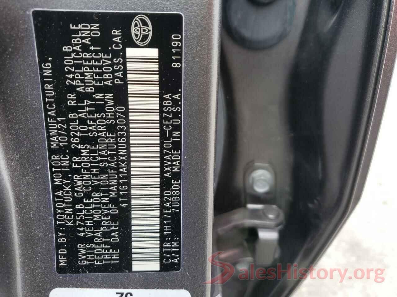 4T1G11AKXNU633070 2022 TOYOTA CAMRY