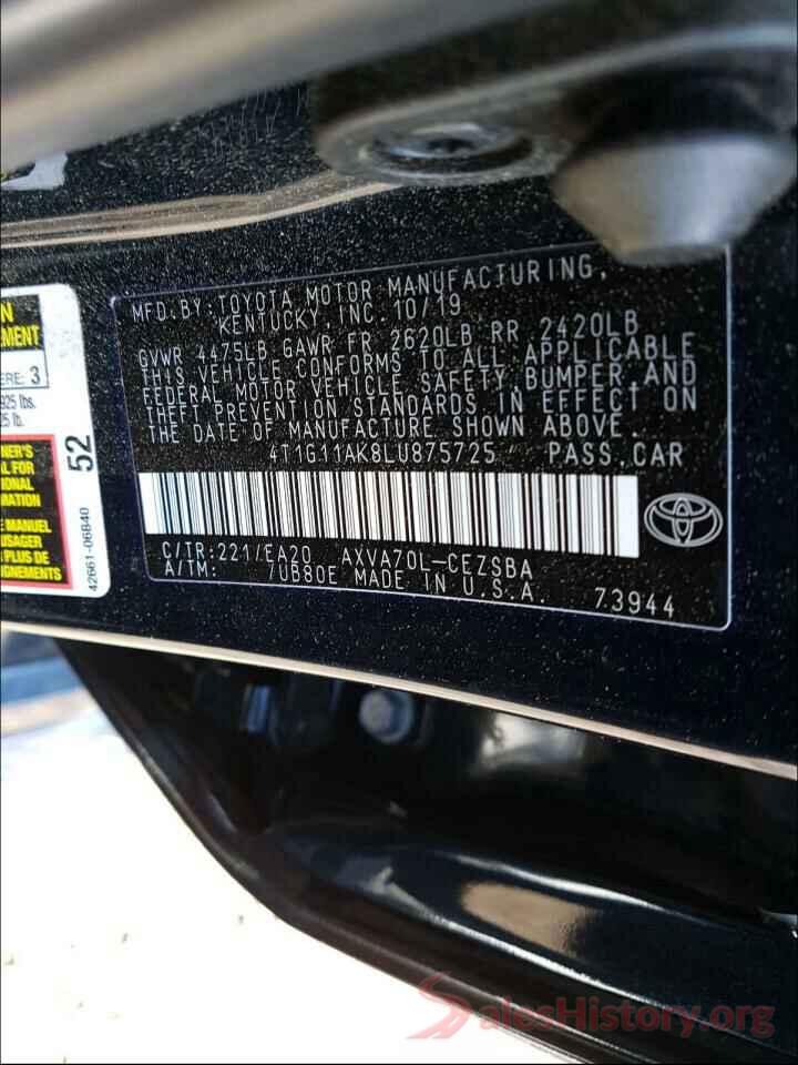 4T1G11AK8LU875725 2020 TOYOTA CAMRY