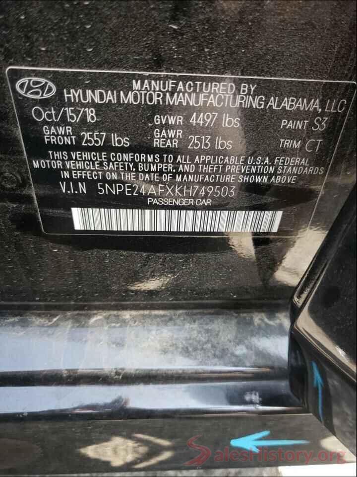 5NPE24AFXKH749503 2019 HYUNDAI SONATA