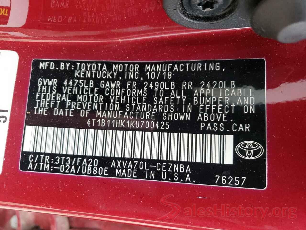 4T1B11HK1KU700425 2019 TOYOTA CAMRY