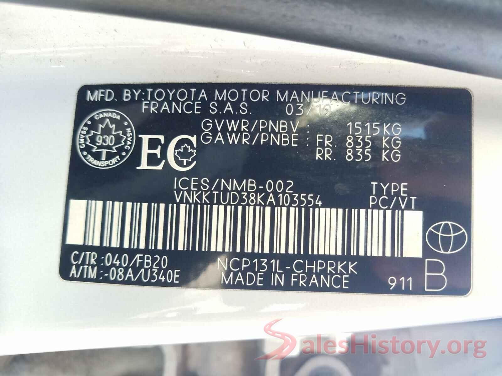 VNKKTUD38KA103554 2019 TOYOTA YARIS