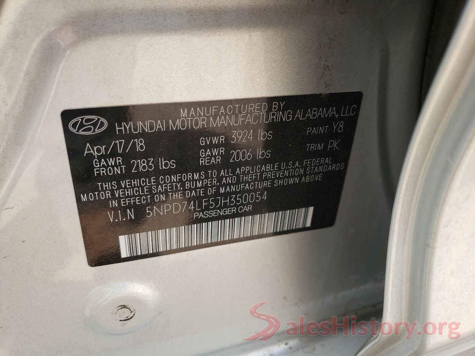 5NPD74LF5JH350054 2018 HYUNDAI ELANTRA