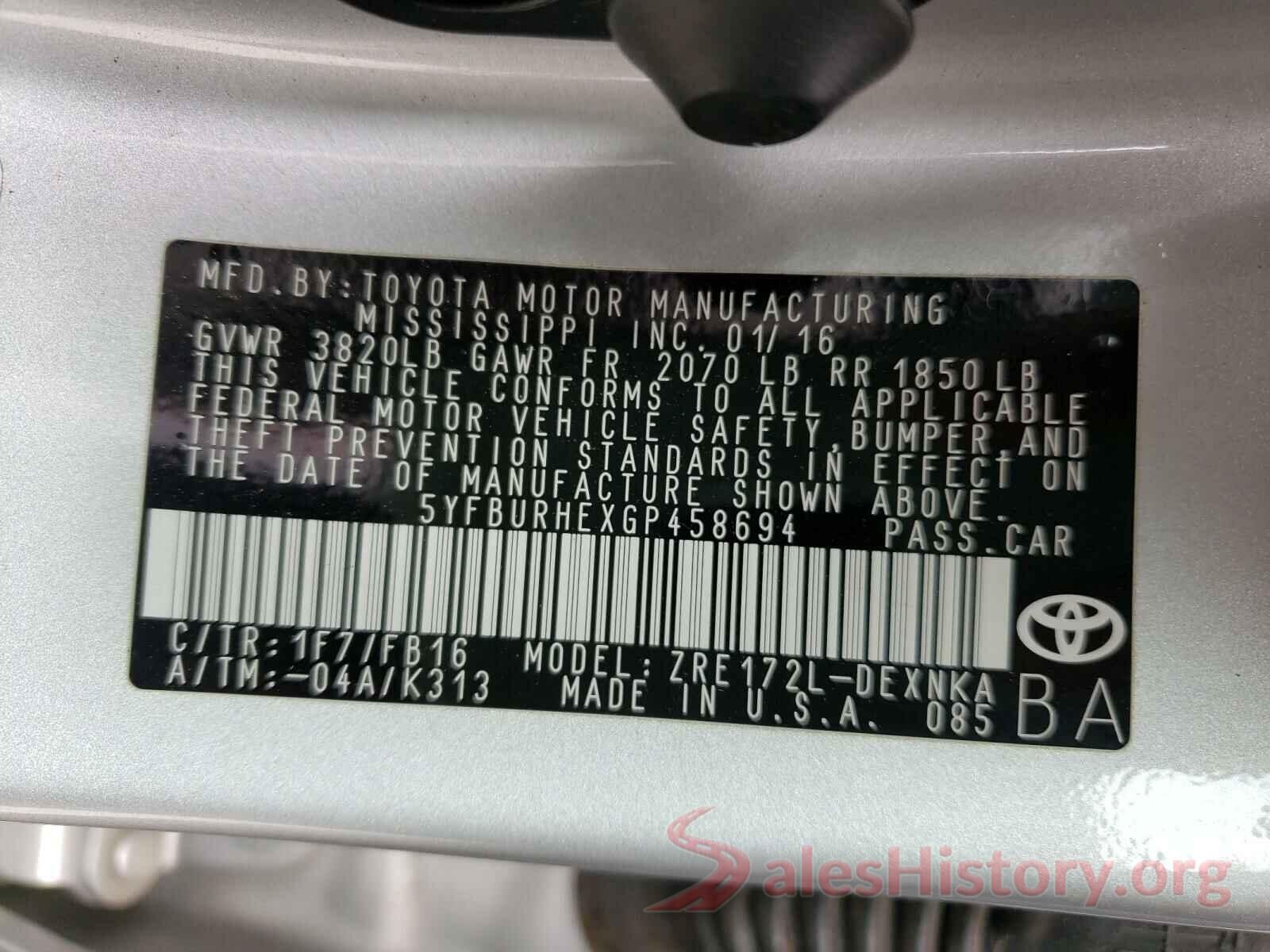 5YFBURHEXGP458694 2016 TOYOTA COROLLA