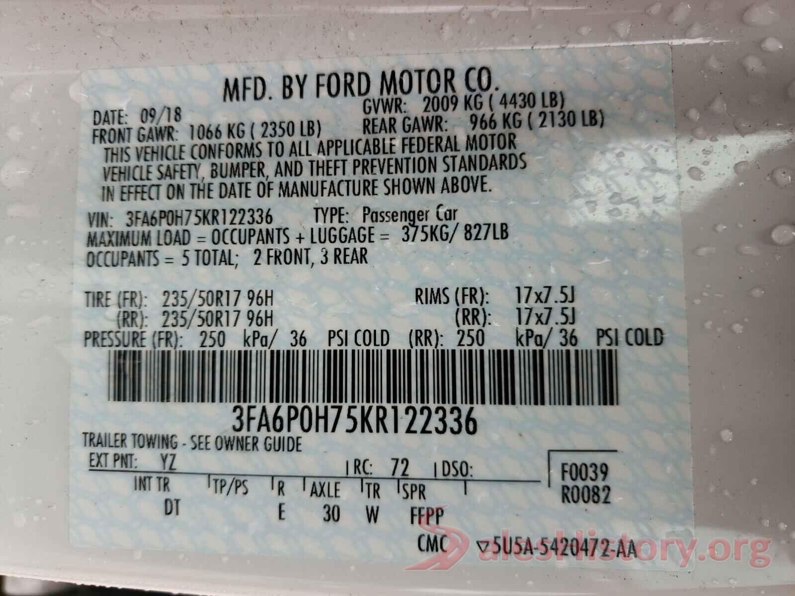 3FA6P0H75KR122336 2019 FORD FUSION