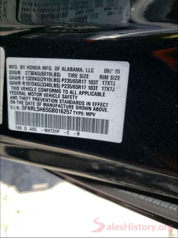 5FNRL5H65GB016257 2016 HONDA ODYSSEY