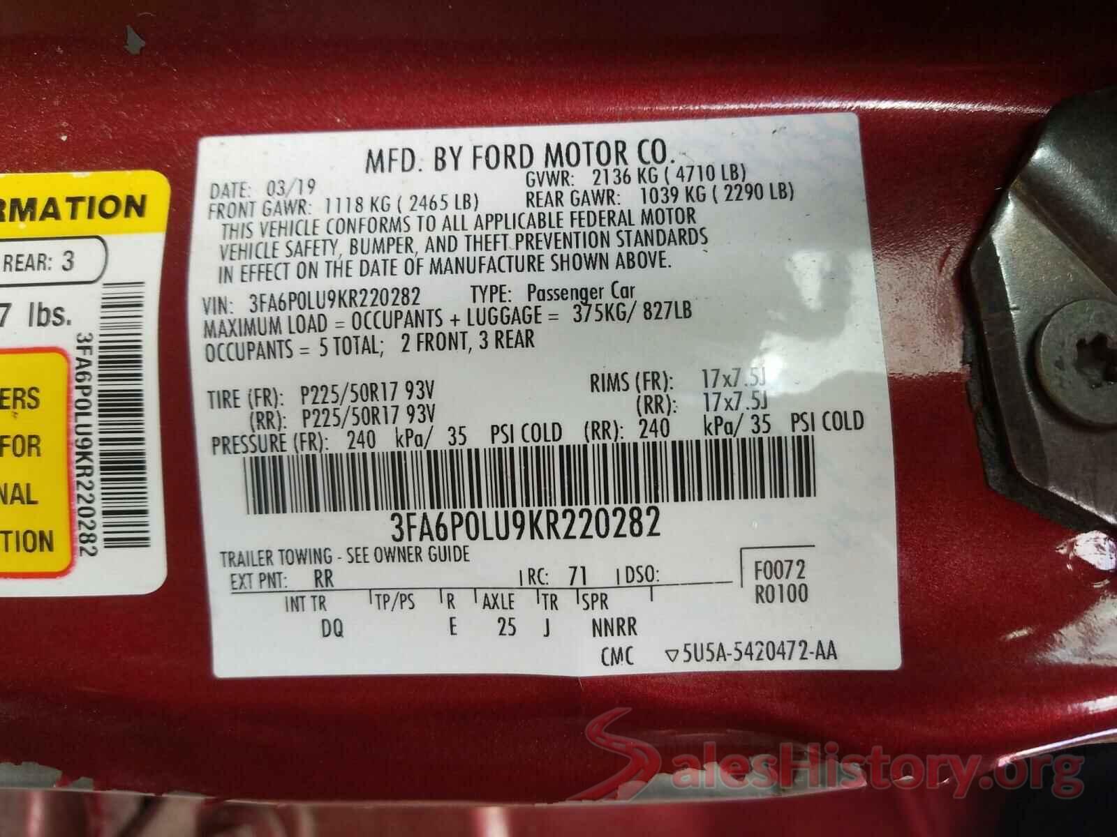 3FA6P0LU9KR220282 2019 FORD FUSION