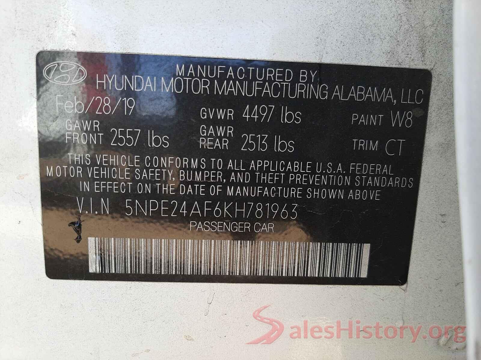 5NPE24AF6KH781963 2019 HYUNDAI SONATA