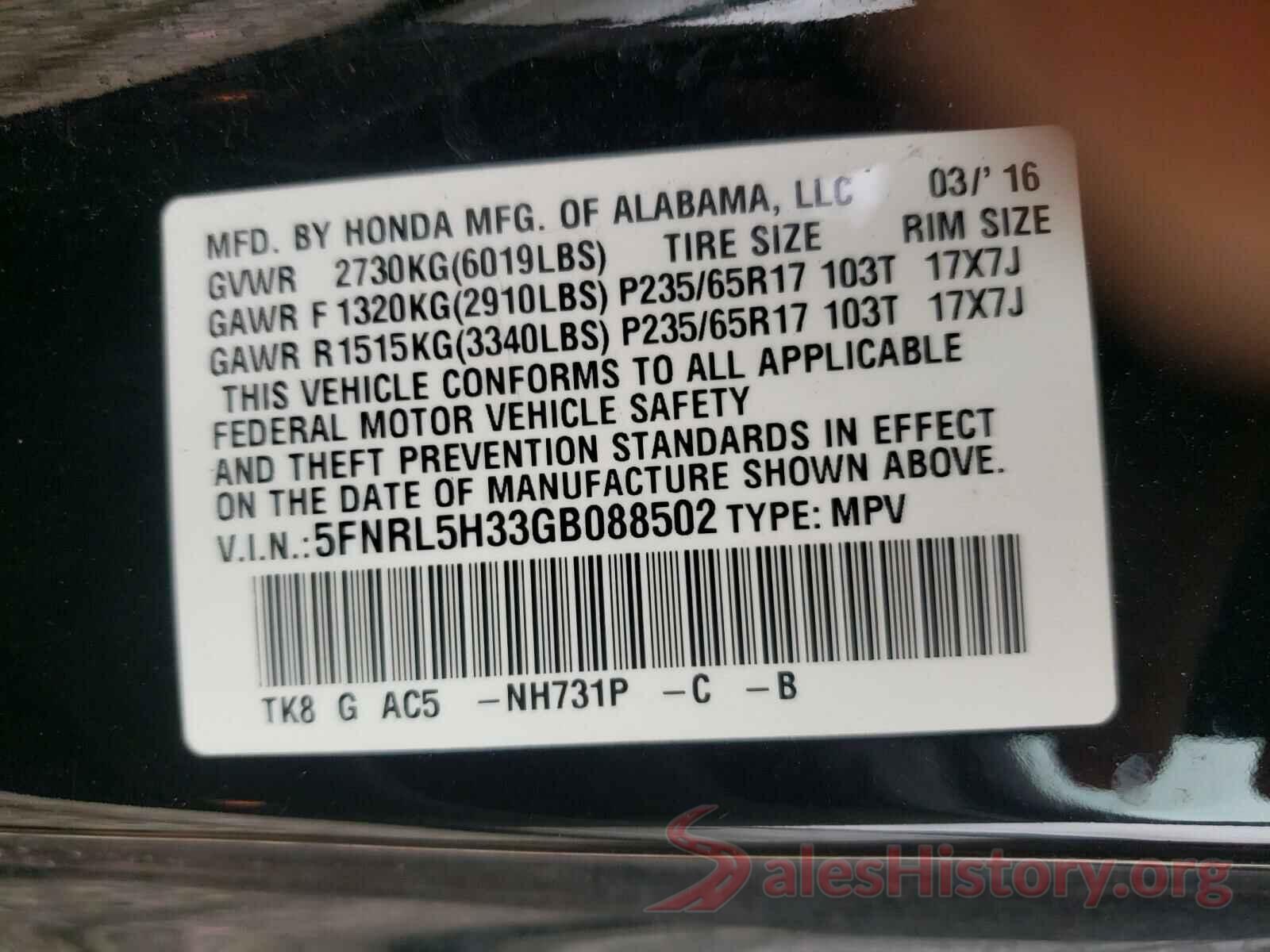 5FNRL5H33GB088502 2016 HONDA ODYSSEY