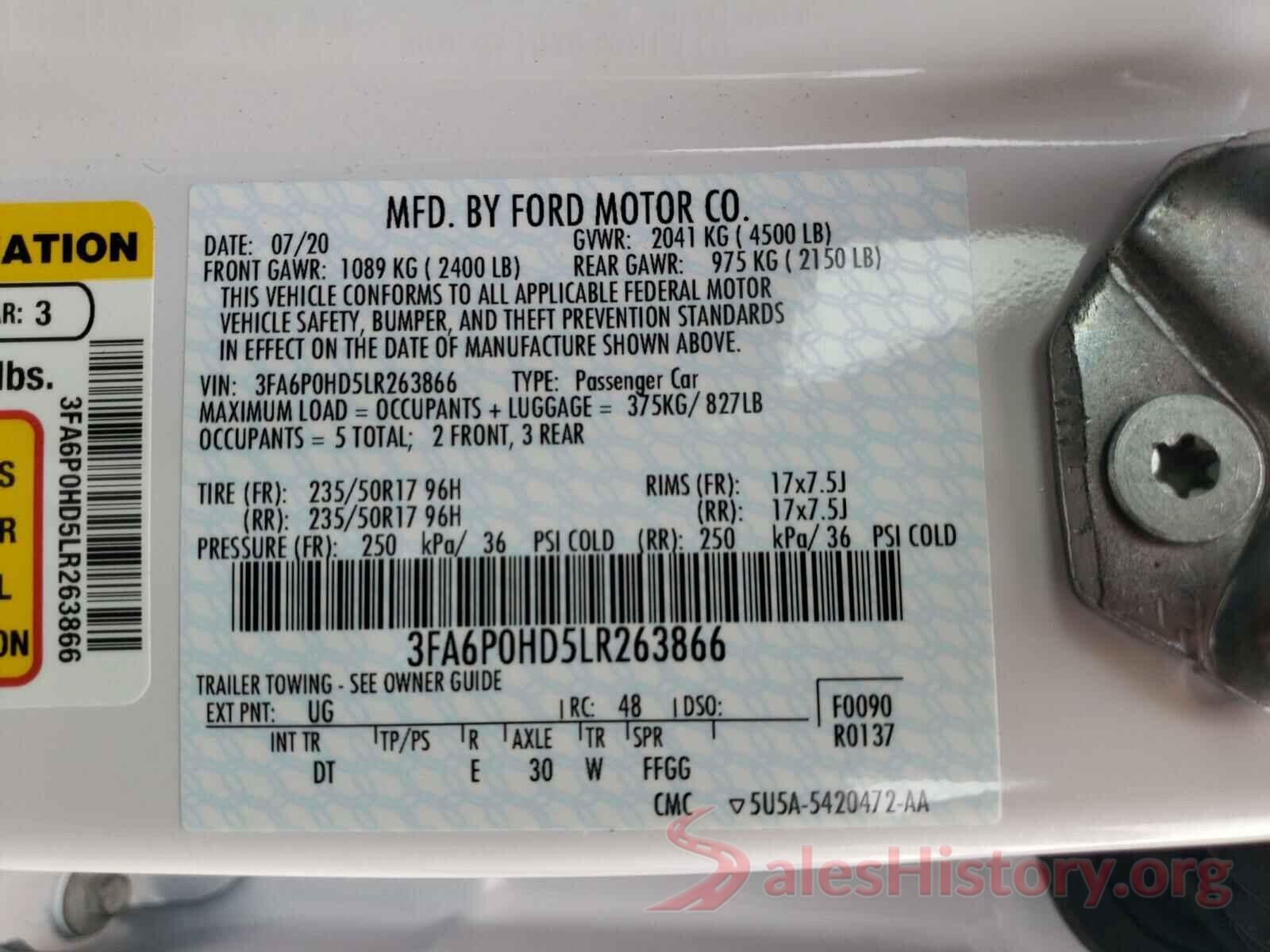 3FA6P0HD5LR263866 2020 FORD FUSION