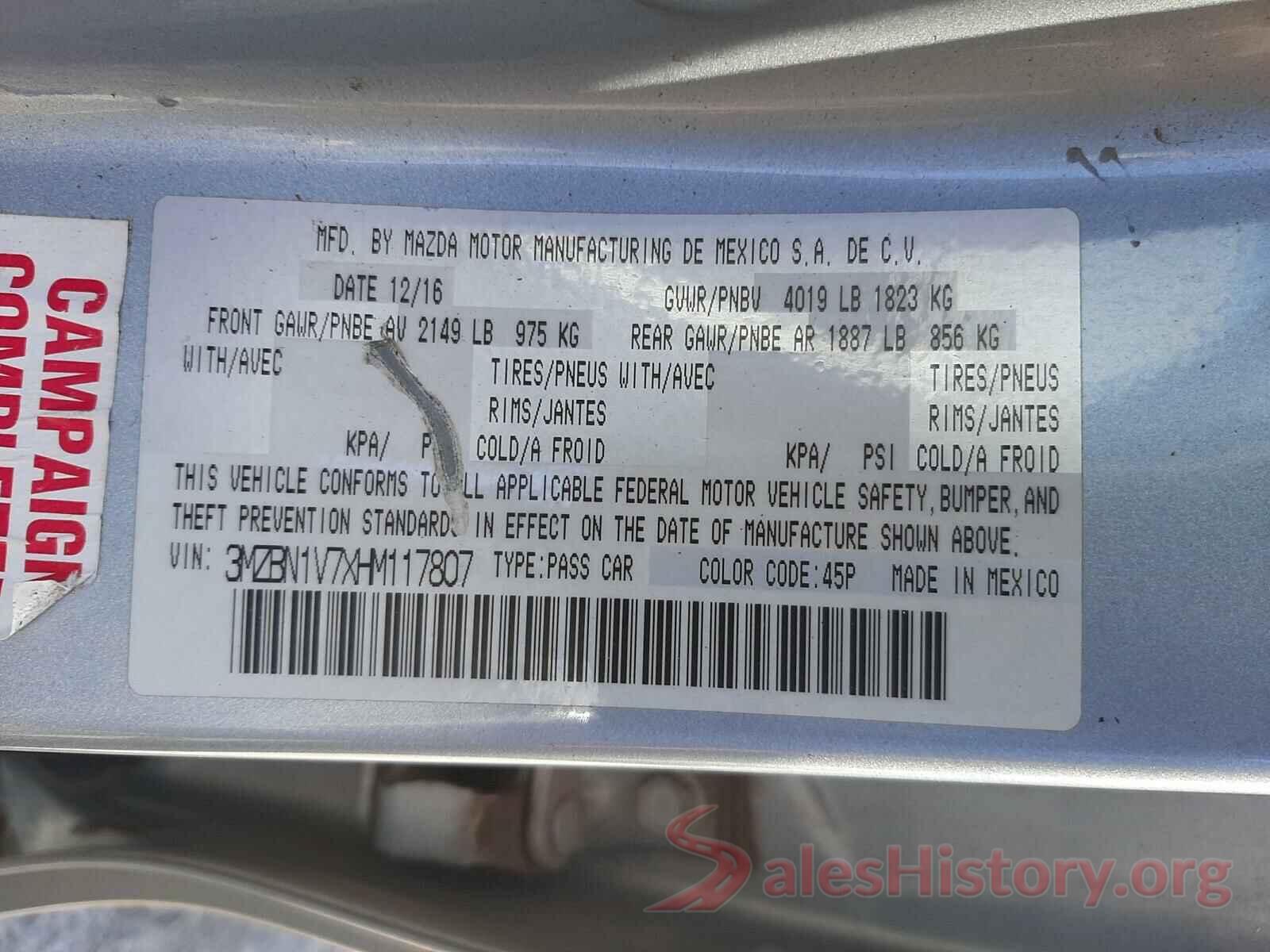 3MZBN1V7XHM117807 2017 MAZDA 3