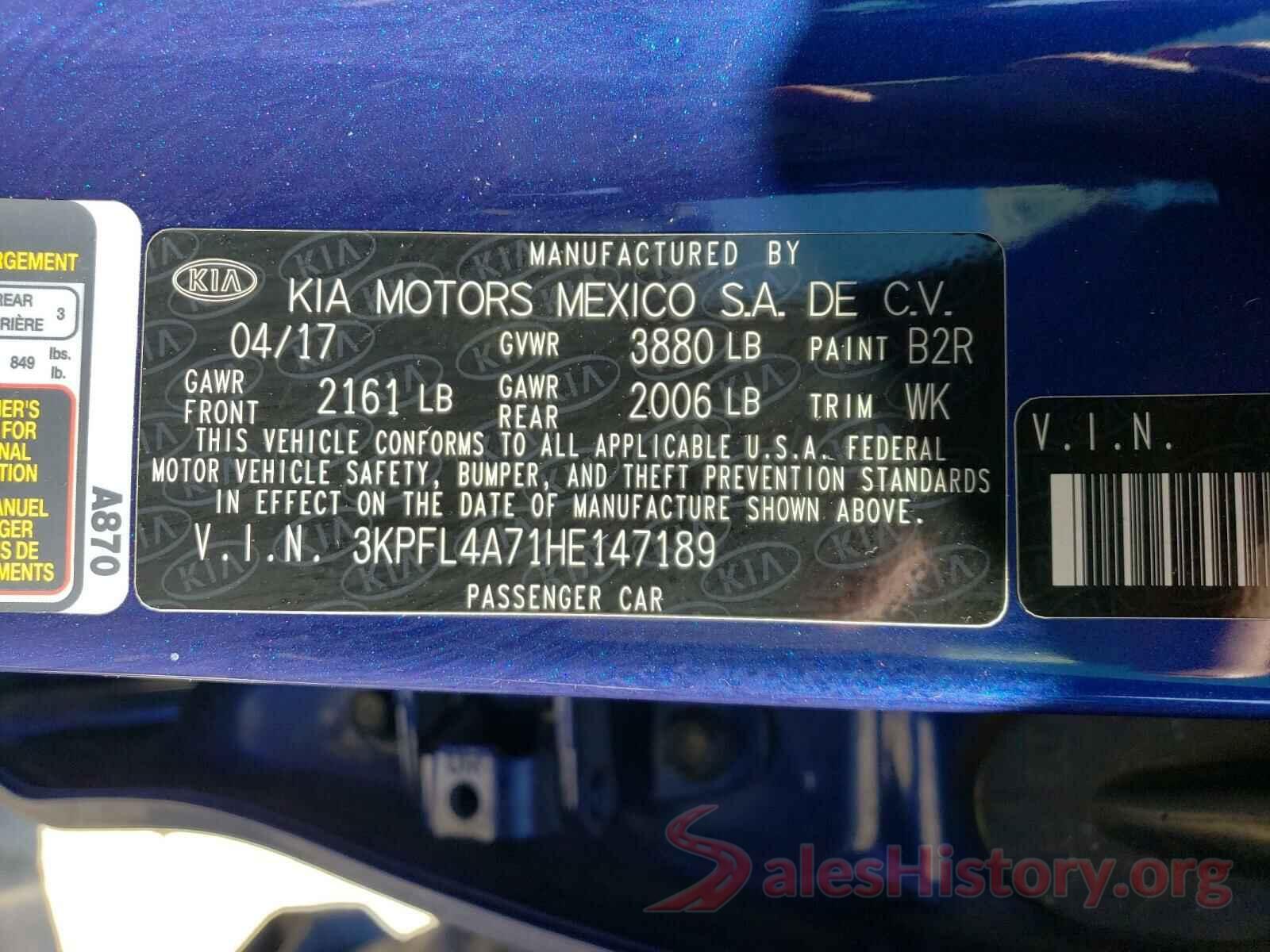 3KPFL4A71HE147189 2017 KIA FORTE