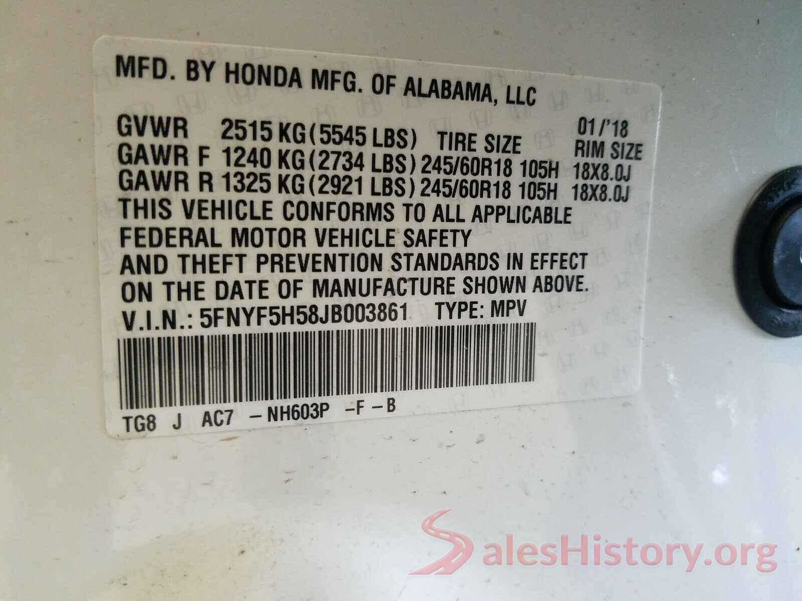 5FNYF5H58JB003861 2018 HONDA PILOT