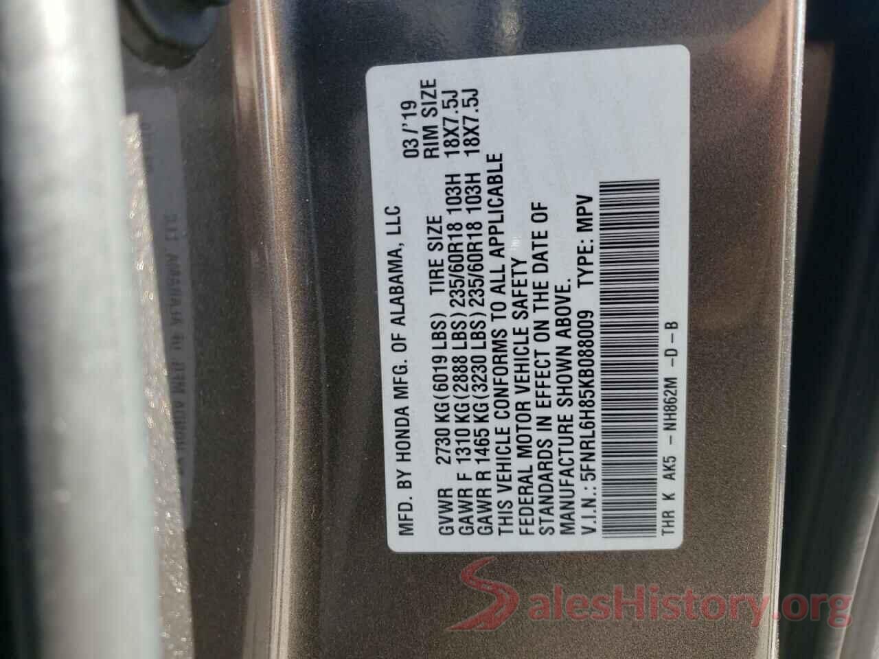 5FNRL6H85KB088009 2019 HONDA ODYSSEY