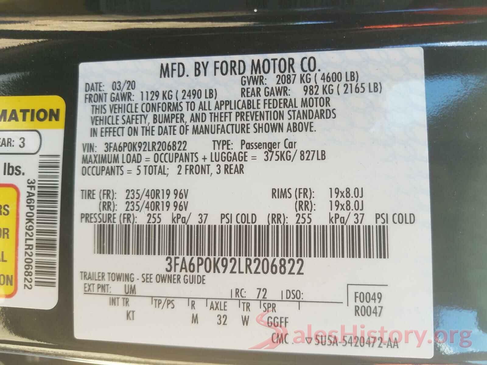 3FA6P0K92LR206822 2020 FORD FUSION