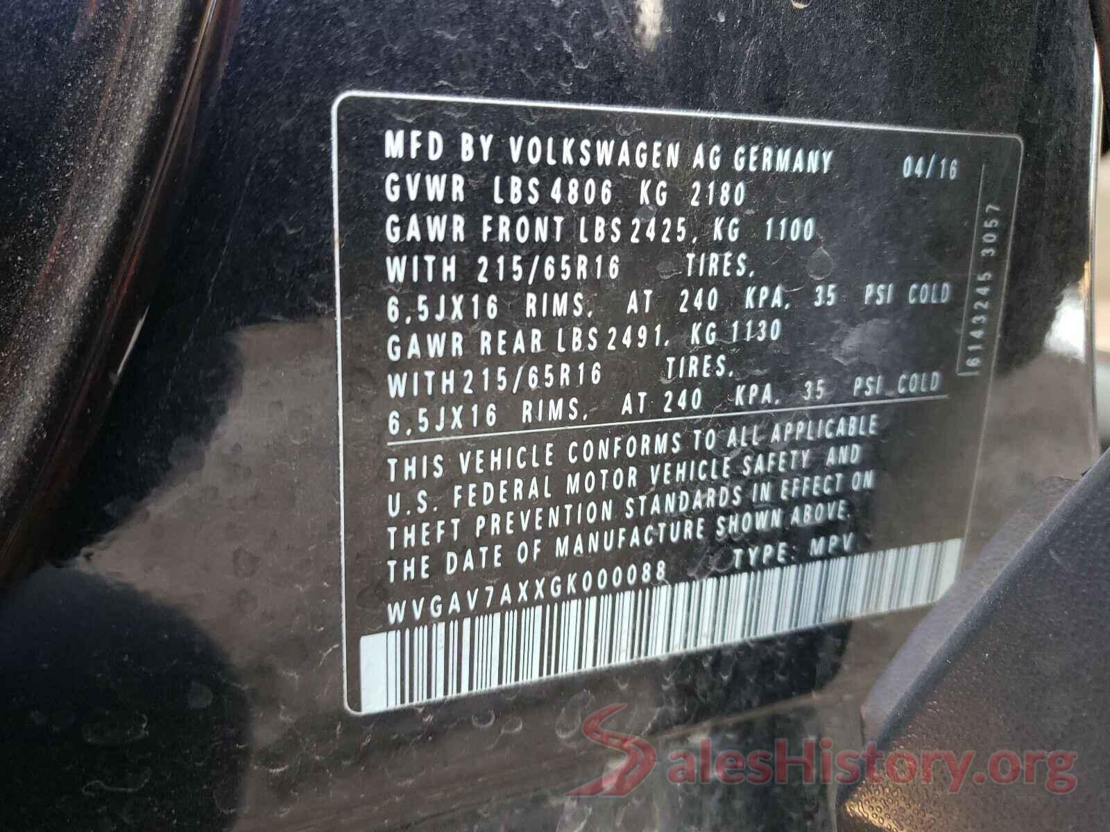 WVGAV7AXXGK000088 2016 VOLKSWAGEN TIGUAN