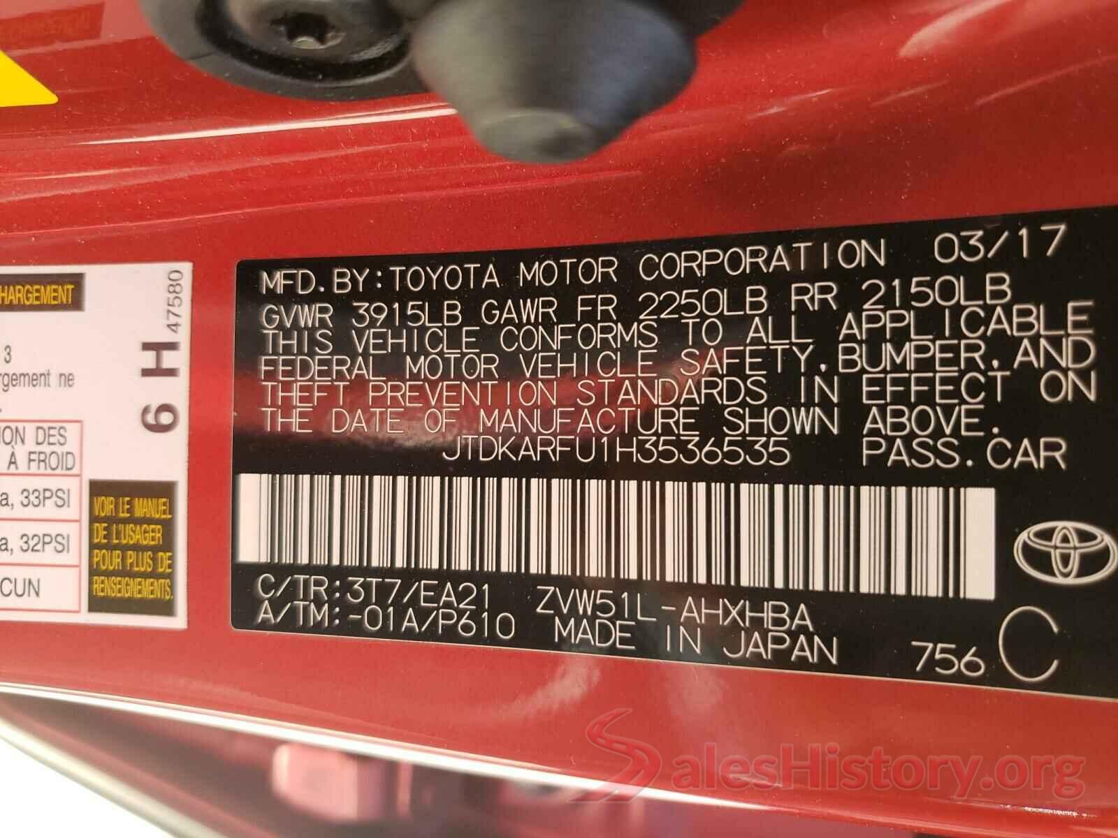 JTDKARFU1H3536535 2017 TOYOTA PRIUS