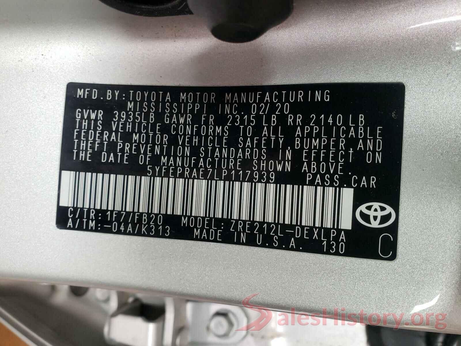 5YFEPRAE7LP117939 2020 TOYOTA COROLLA