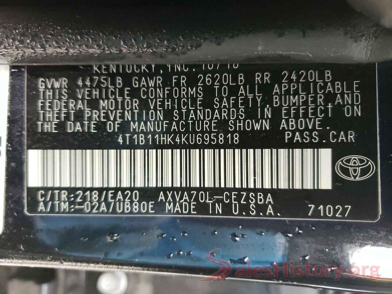 4T1B11HK4KU695818 2019 TOYOTA CAMRY