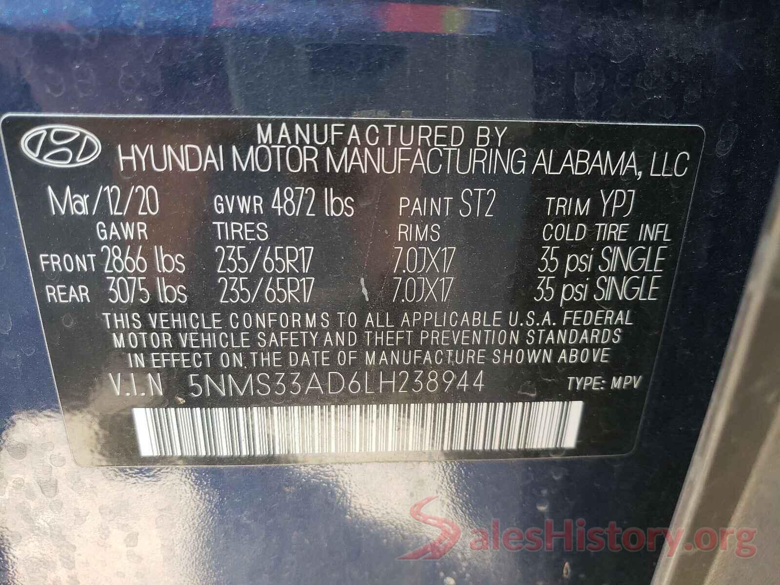 5NMS33AD6LH238944 2020 HYUNDAI SANTA FE