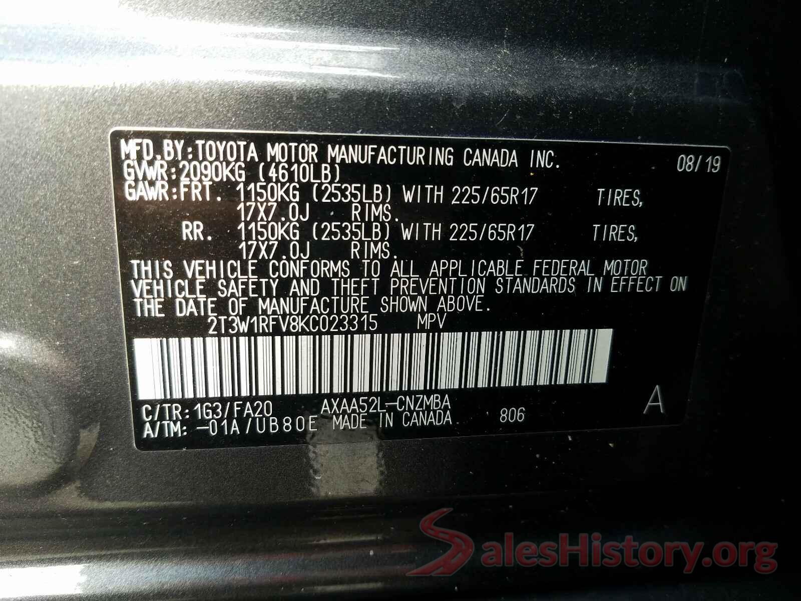 2T3W1RFV8KC023315 2019 TOYOTA RAV4