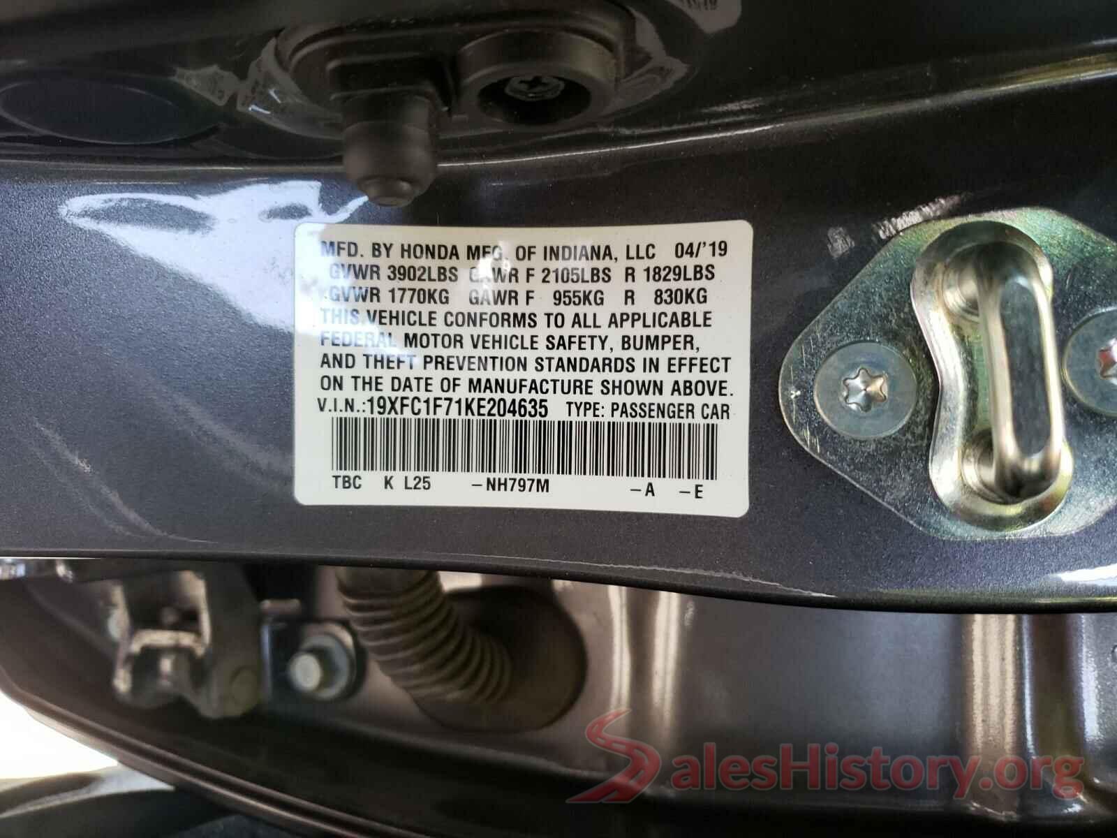 19XFC1F71KE204635 2019 HONDA CIVIC