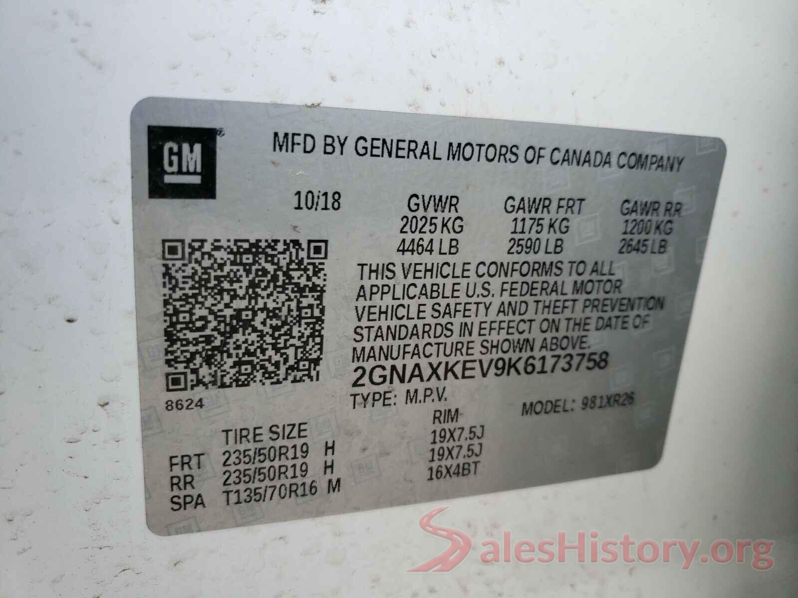 2GNAXKEV9K6173758 2019 CHEVROLET EQUINOX