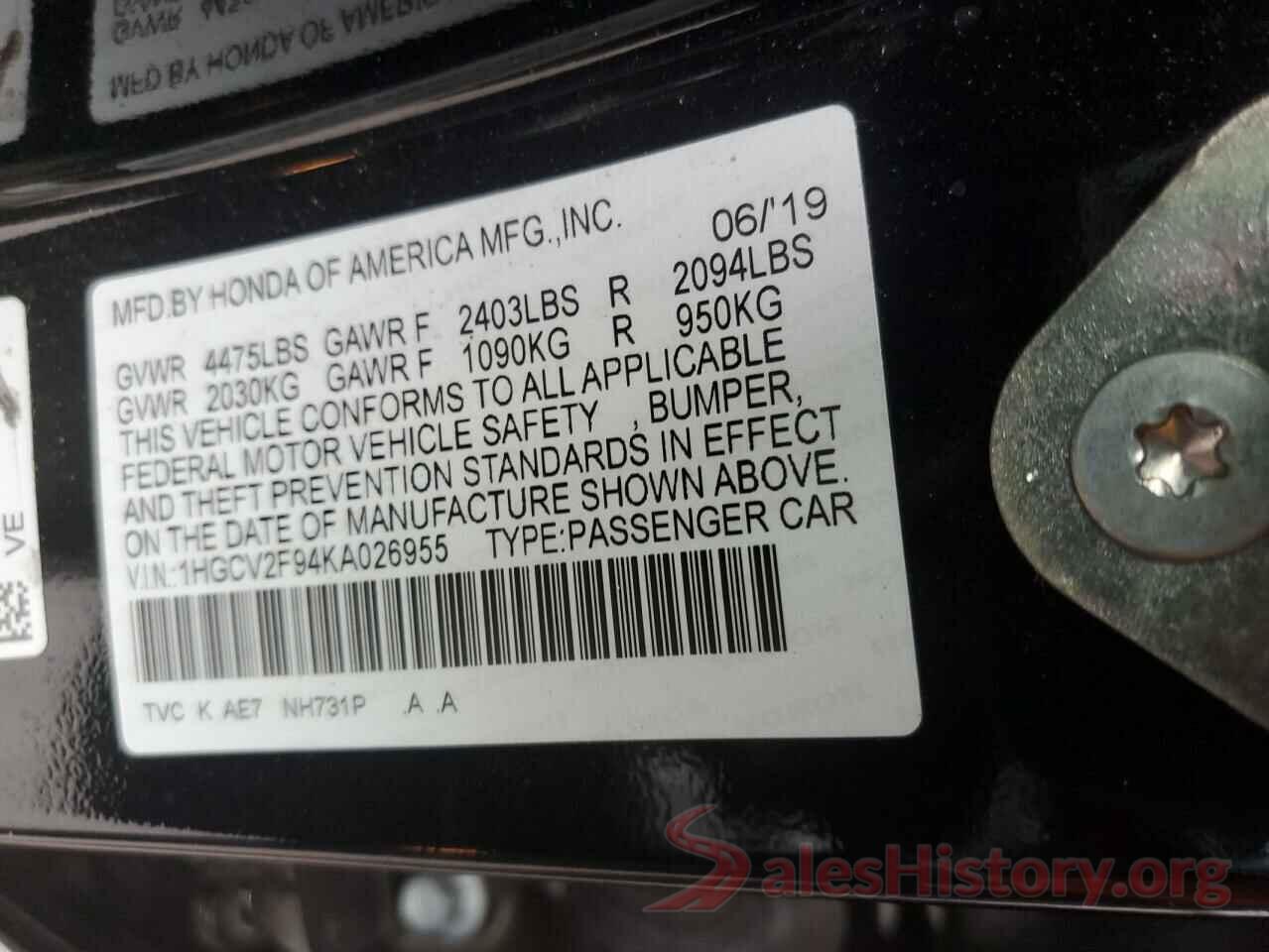 1HGCV2F94KA026955 2019 HONDA ACCORD