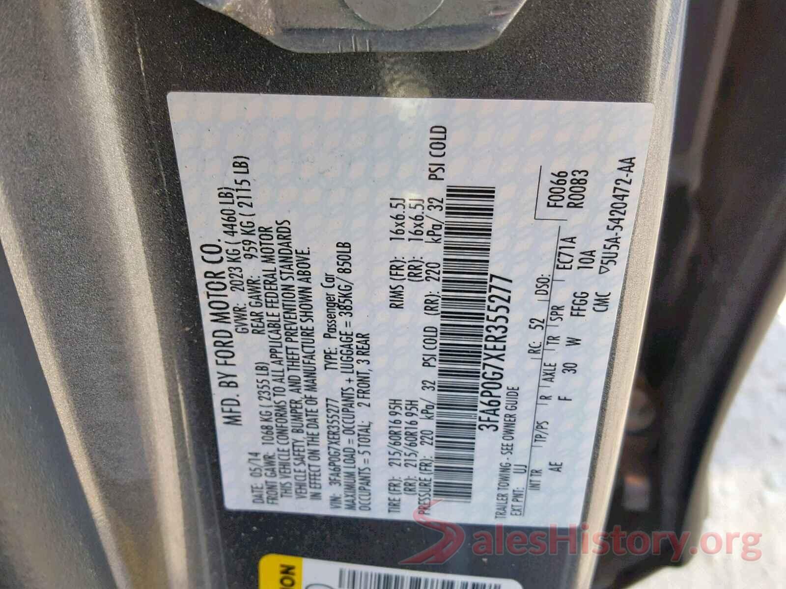 3FA6P0G7XER355277 2014 FORD FUSION