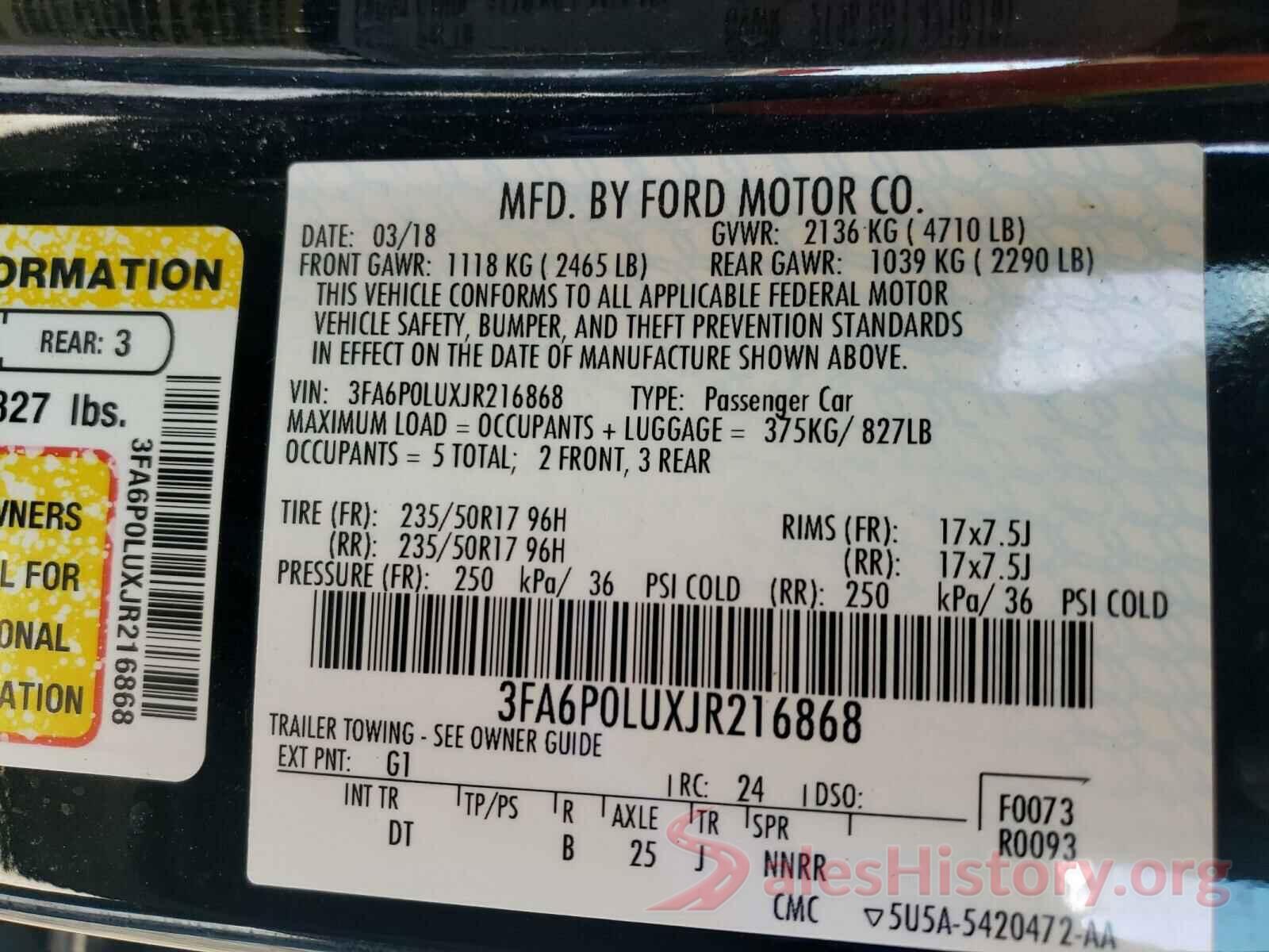 3FA6P0LUXJR216868 2018 FORD FUSION