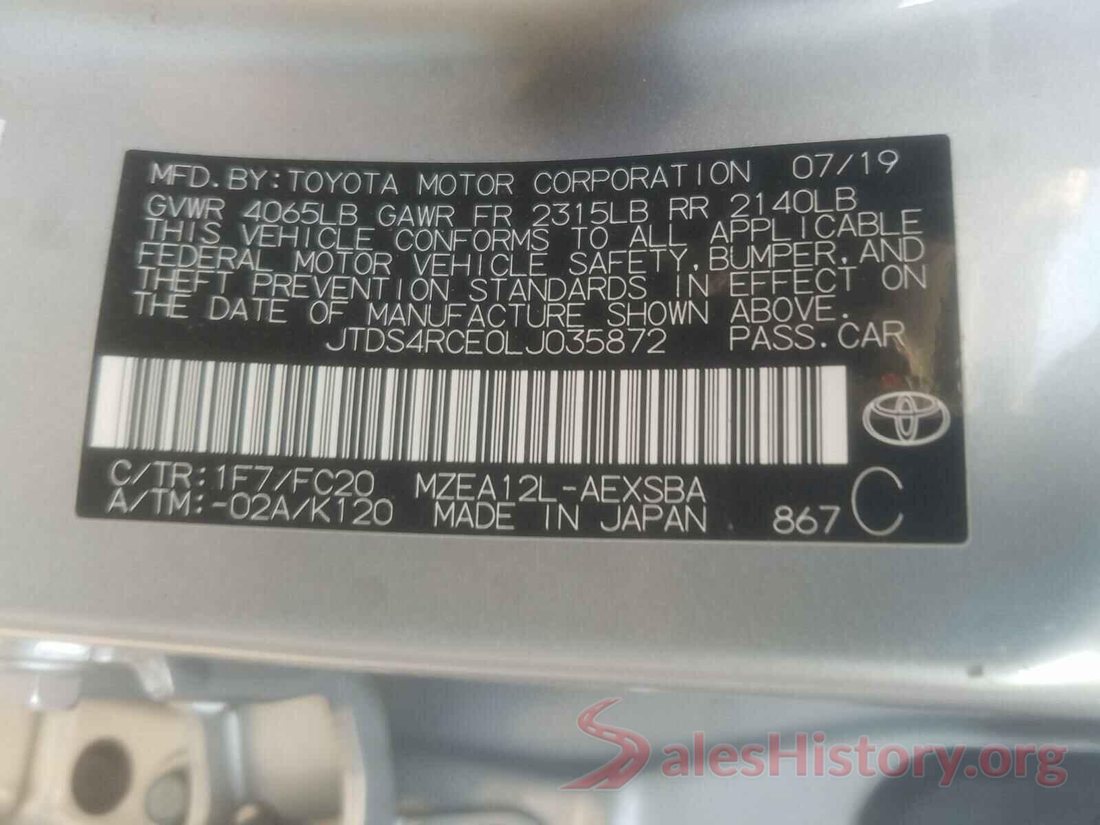 JTDS4RCE0LJ035872 2020 TOYOTA COROLLA