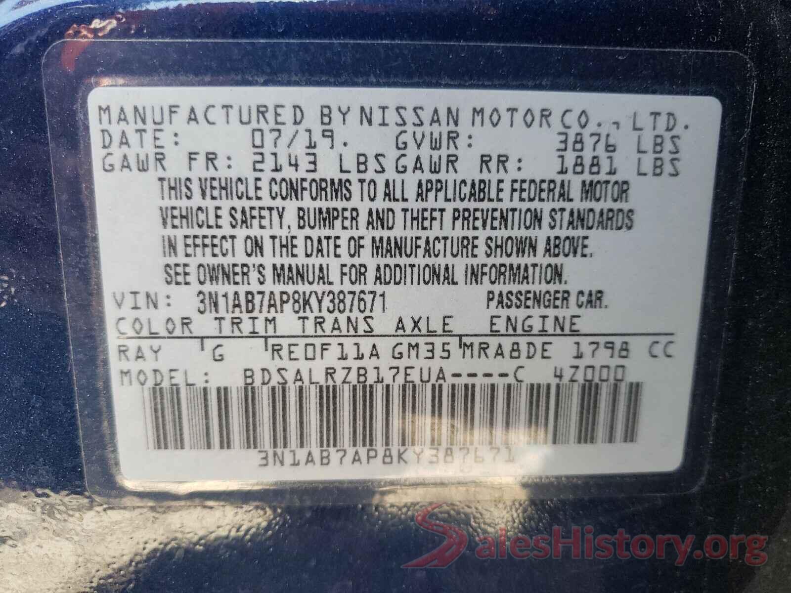 3N1AB7AP8KY387671 2019 NISSAN SENTRA