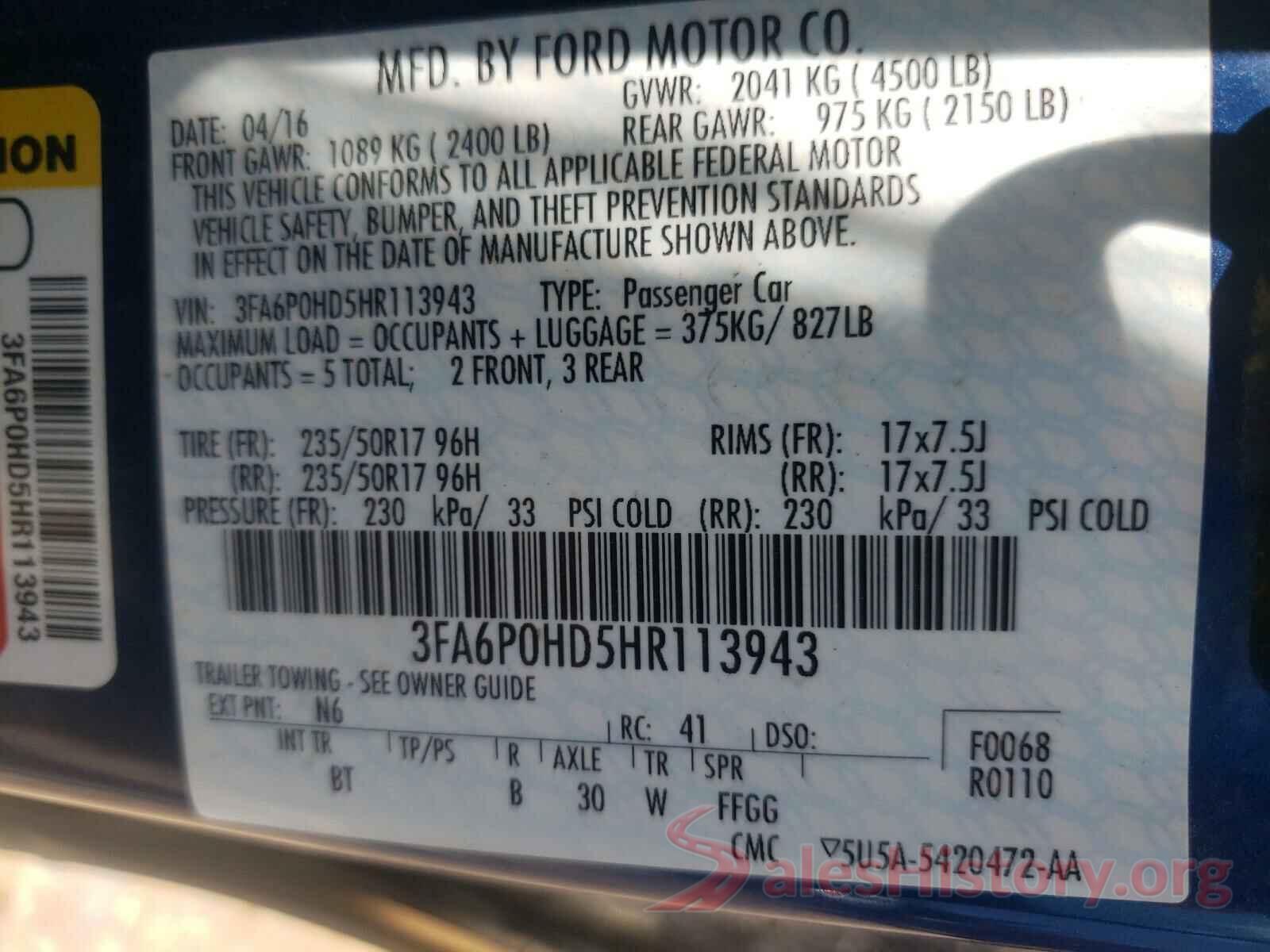 3FA6P0HD5HR113943 2017 FORD FUSION