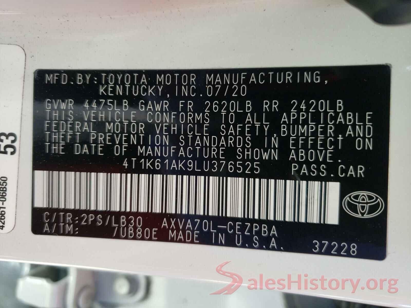 4T1K61AK9LU376525 2020 TOYOTA CAMRY