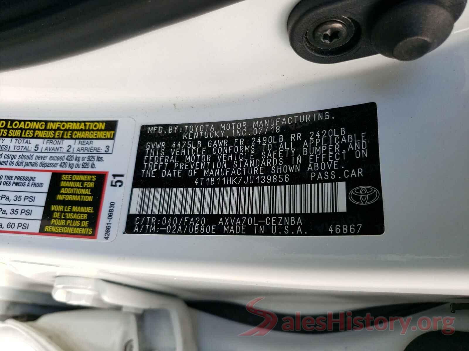 4T1B11HK7JU139856 2018 TOYOTA CAMRY