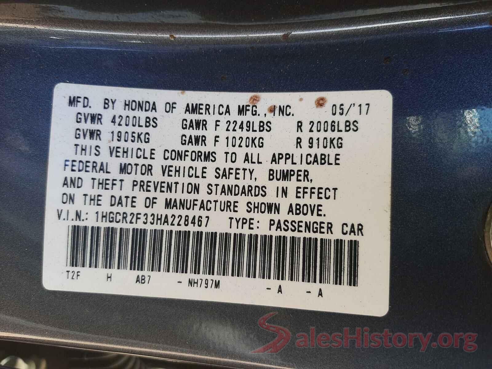 1HGCR2F33HA228467 2017 HONDA ACCORD