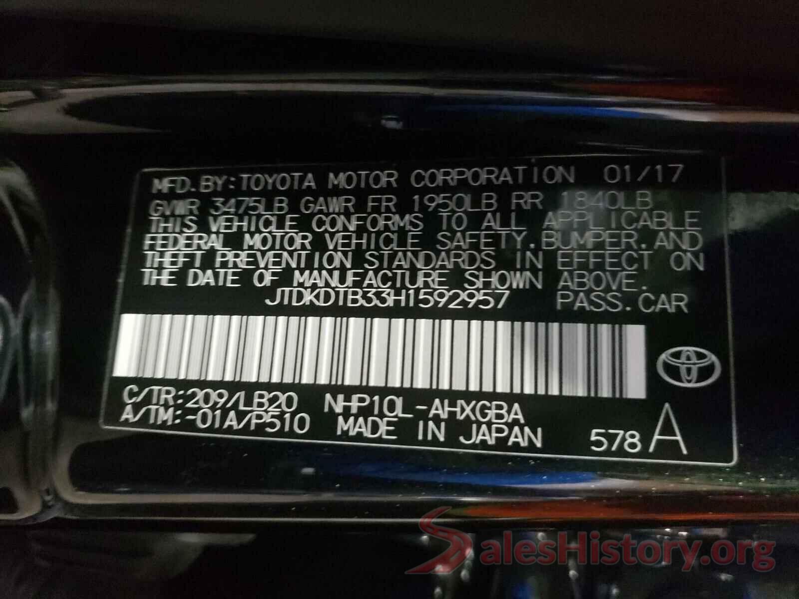 JTDKDTB33H1592957 2017 TOYOTA PRIUS