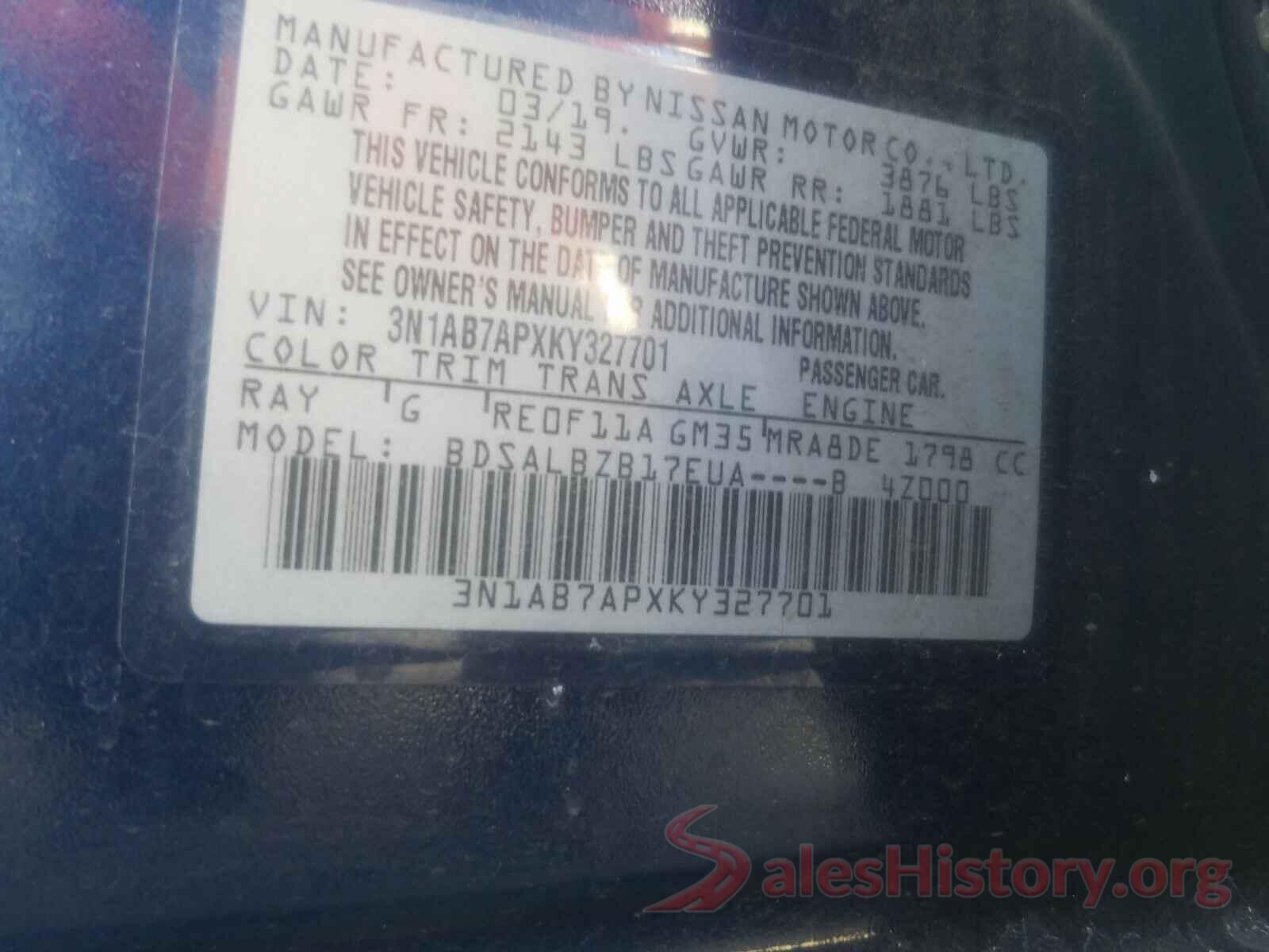 3N1AB7APXKY327701 2019 NISSAN SENTRA