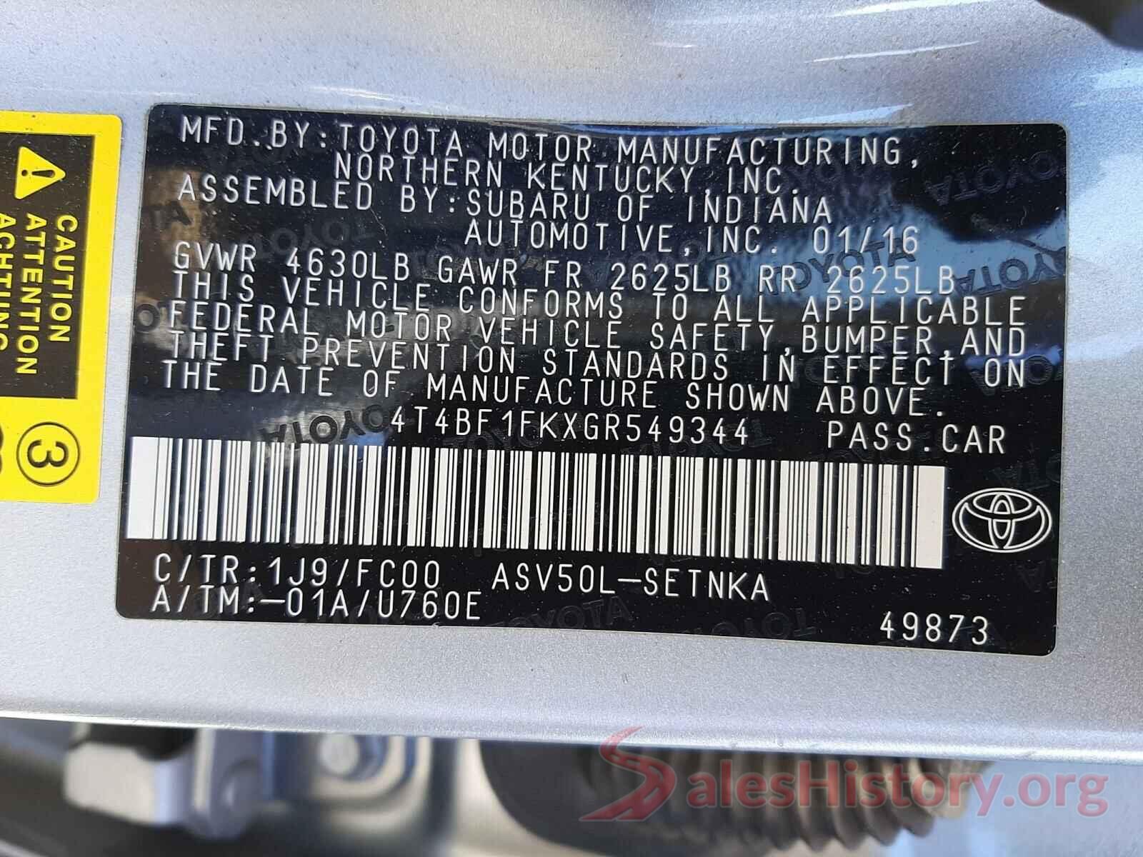 4T4BF1FKXGR549344 2016 TOYOTA CAMRY