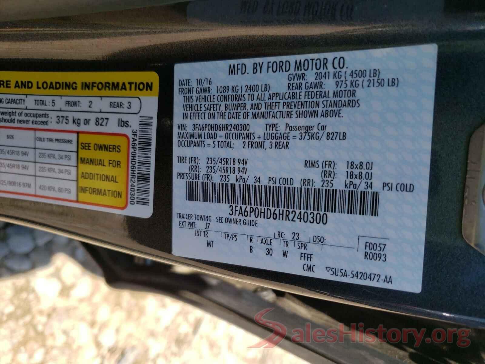 3FA6P0HD6HR240300 2017 FORD FUSION