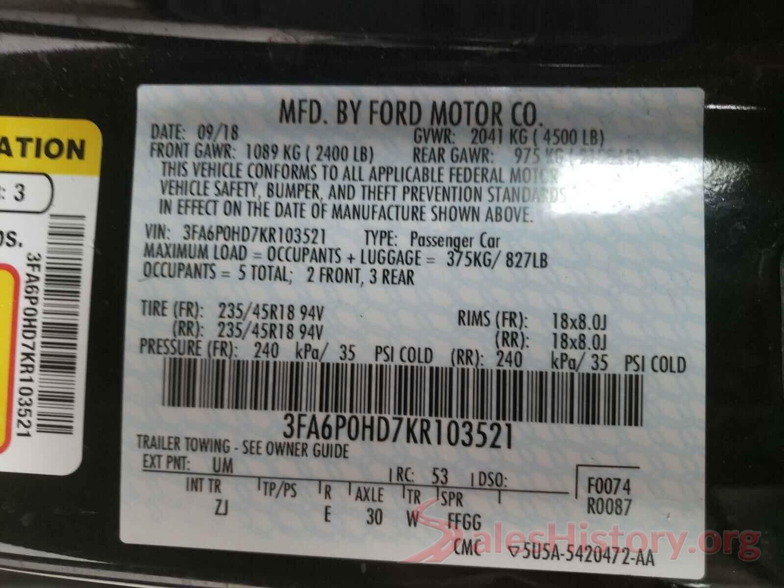 3FA6P0HD7KR103521 2019 FORD FUSION