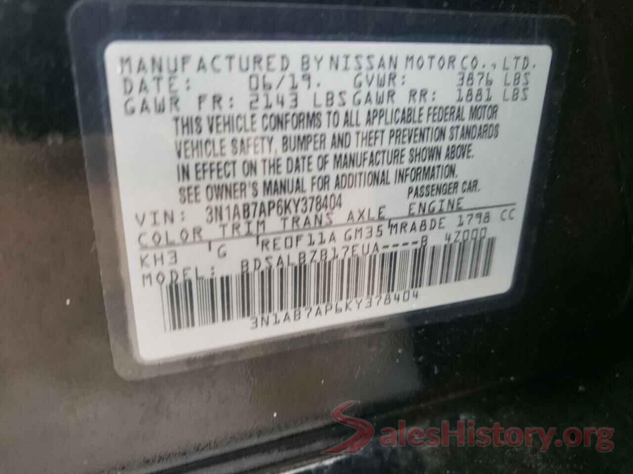 3N1AB7AP6KY378404 2019 NISSAN SENTRA