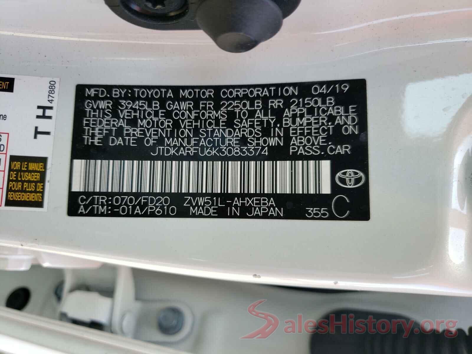 JTDKARFU6K3083374 2019 TOYOTA PRIUS