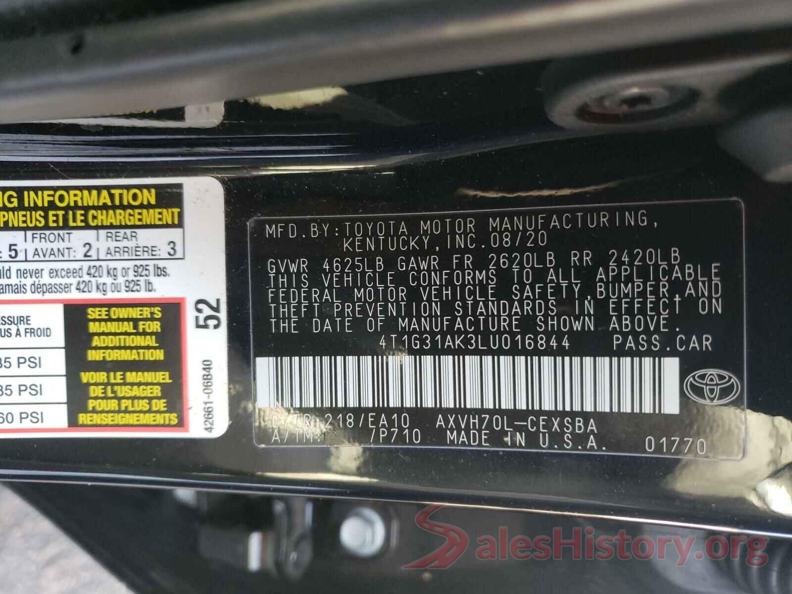 4T1G31AK3LU016844 2020 TOYOTA CAMRY